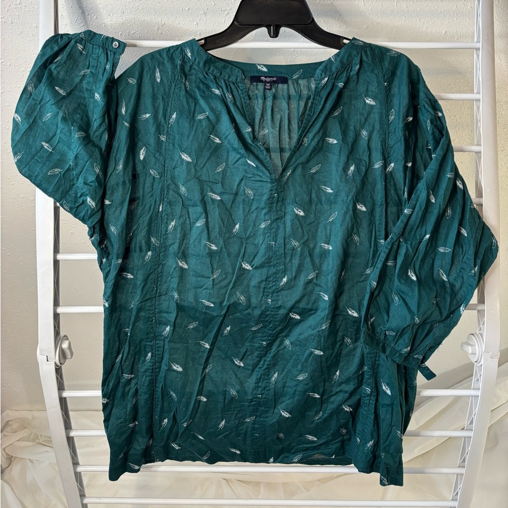 Madewell teal & white feather pattern 3/4 sleeve v-neck cotton blouse EUC XS